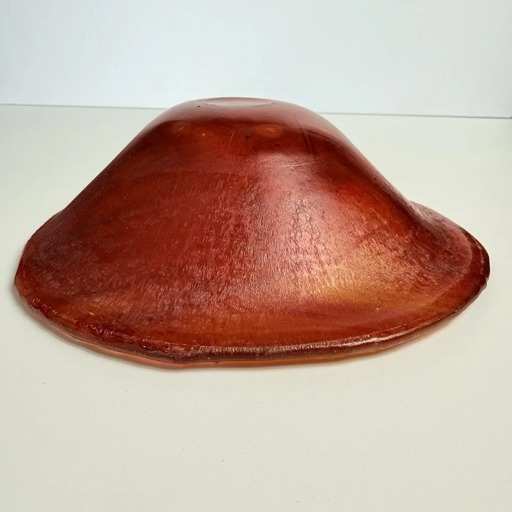 Vintage Red Orange Fused Art Glass Bowl Iridescent Abstract Line Dish